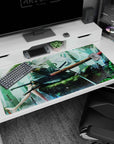 40x20 inches desk pad showing a wandering swordswoman in rain, hat low, blade across mossy stone.