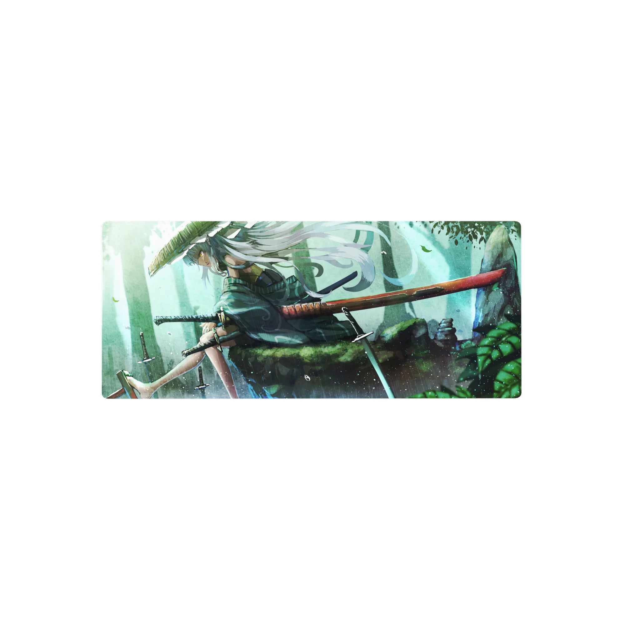 28x12 inches anime girl mouse pad with silver-haired swordswoman, straw hat, and red-sheathed katana in forest rain.