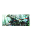 28x12 inches anime girl mouse pad with silver-haired swordswoman, straw hat, and red-sheathed katana in forest rain.