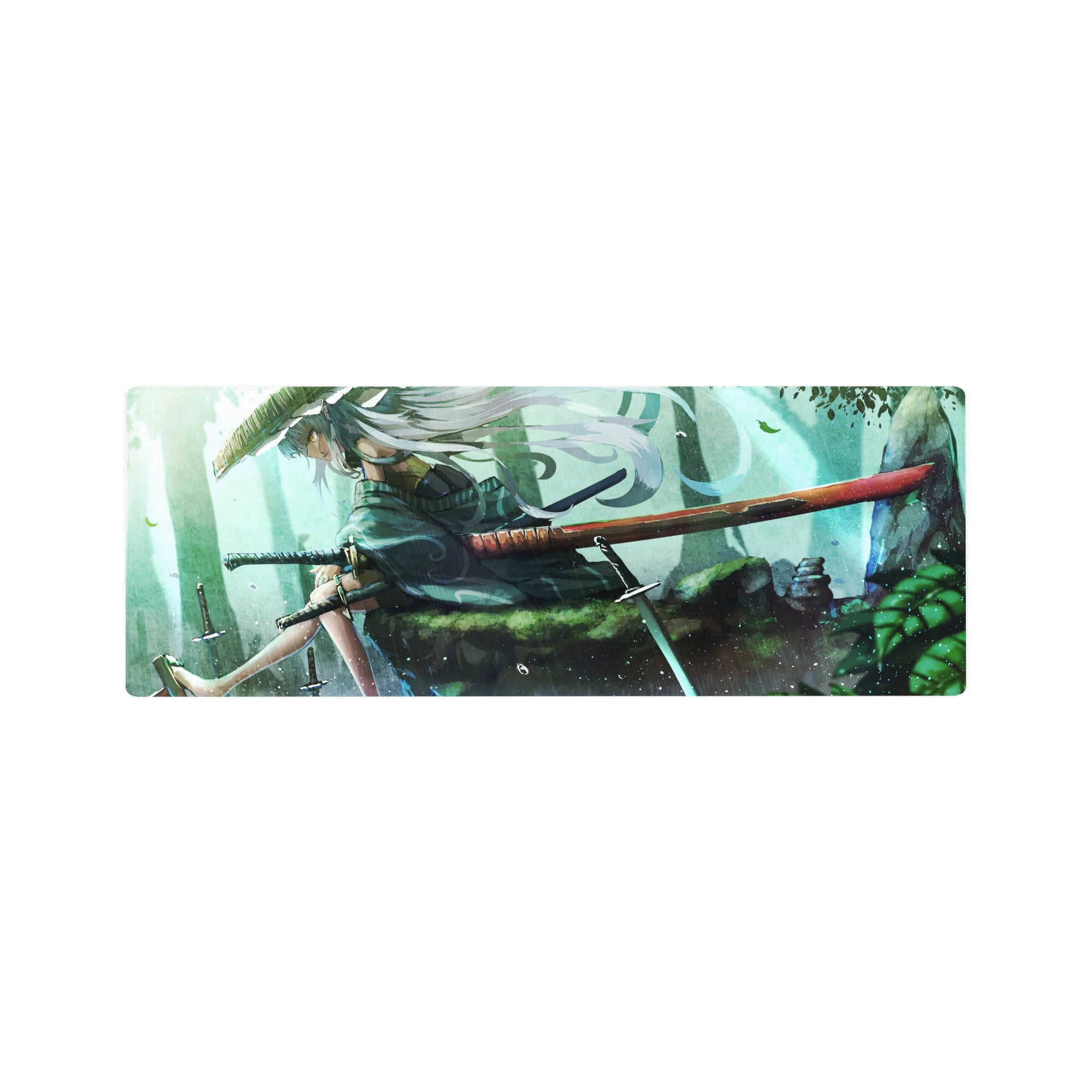 Anime girl mouse pad 32x12 inches with silver-haired swordswoman, straw hat, red sheath, forest stone scene.