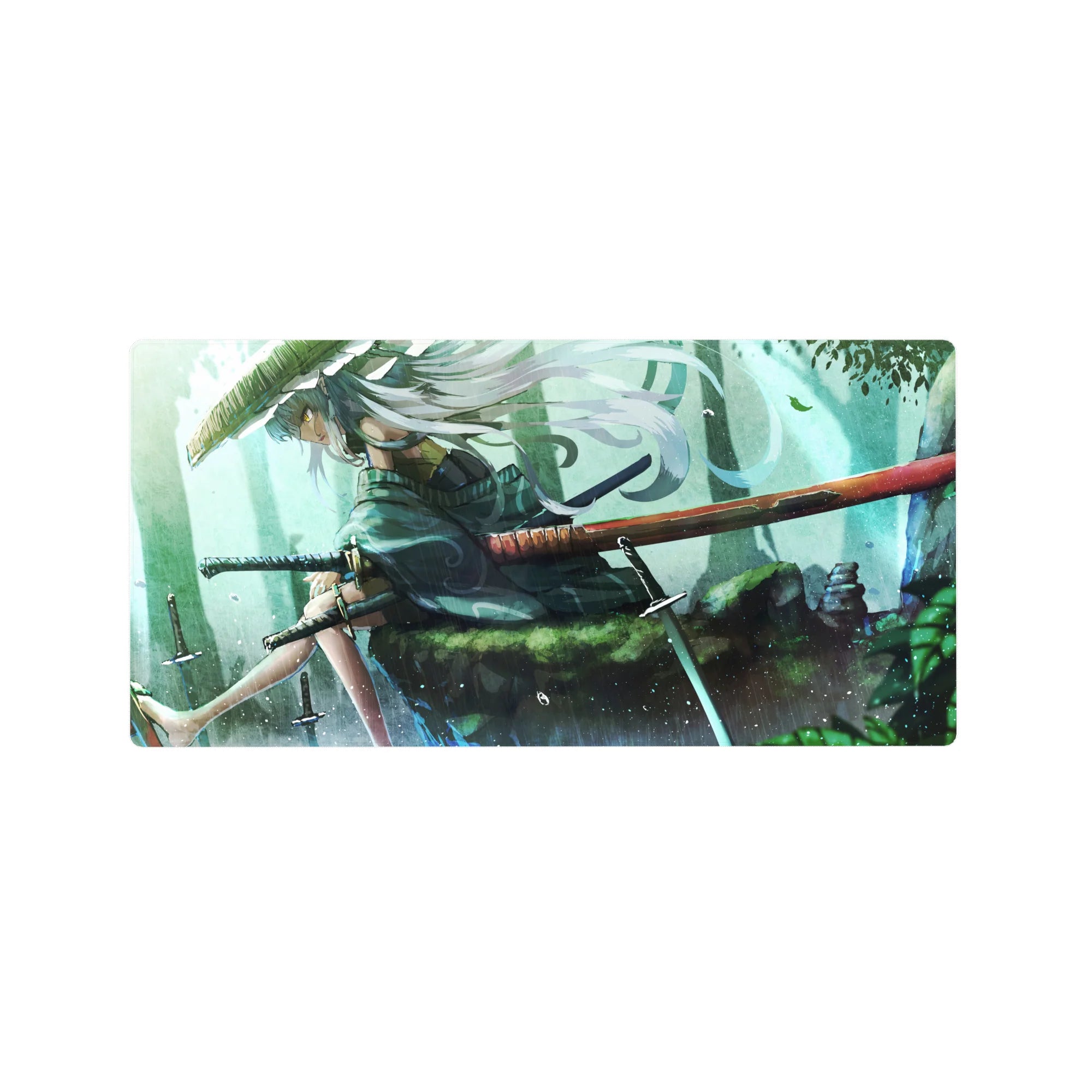 Anime girl mouse pad 32x16 inches with silver-haired swordswoman in rain, straw hat, red-sheathed katana.