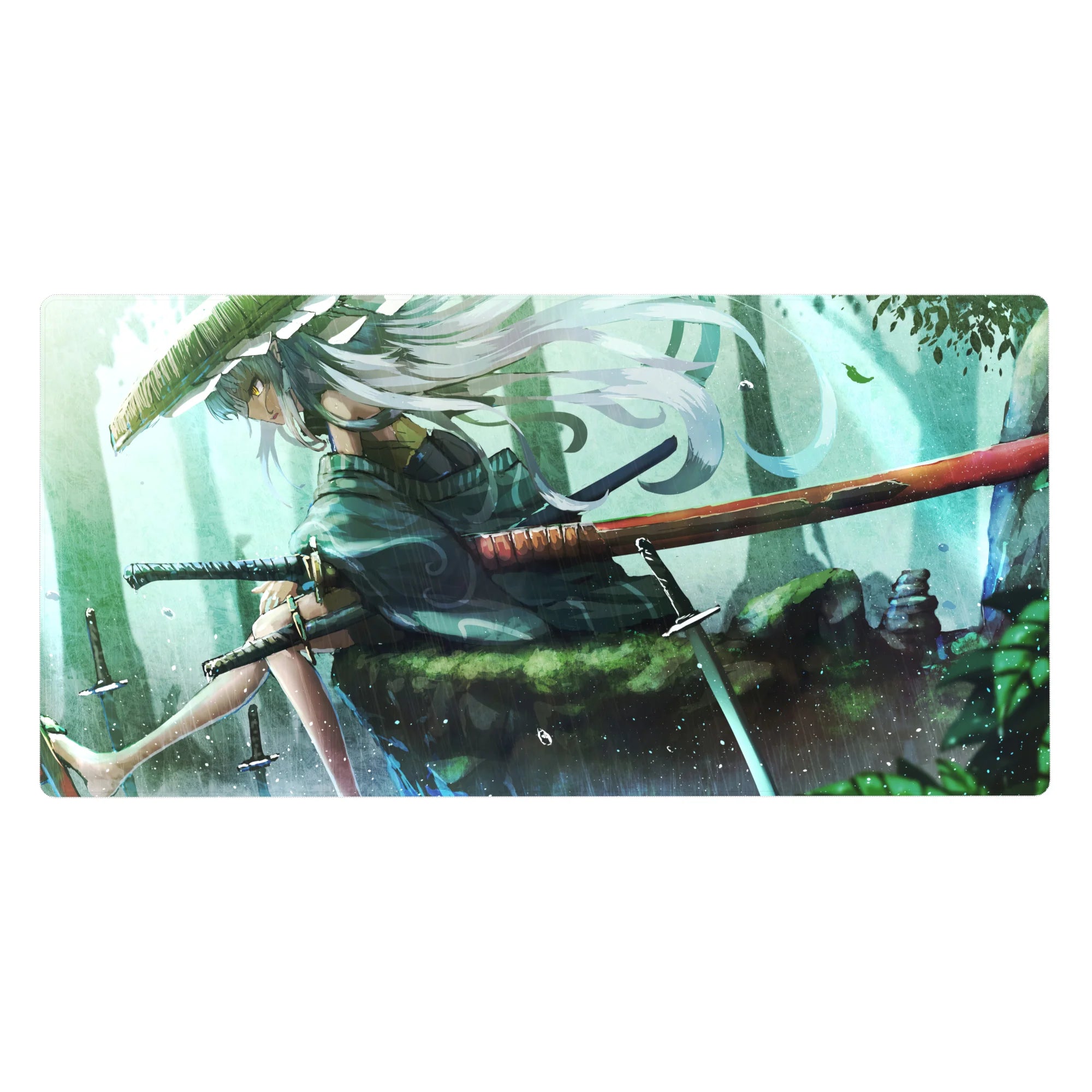 40x20 inches anime girl desk pad with silver-haired swordswoman, straw hat, red-sheathed katana, forest stone.