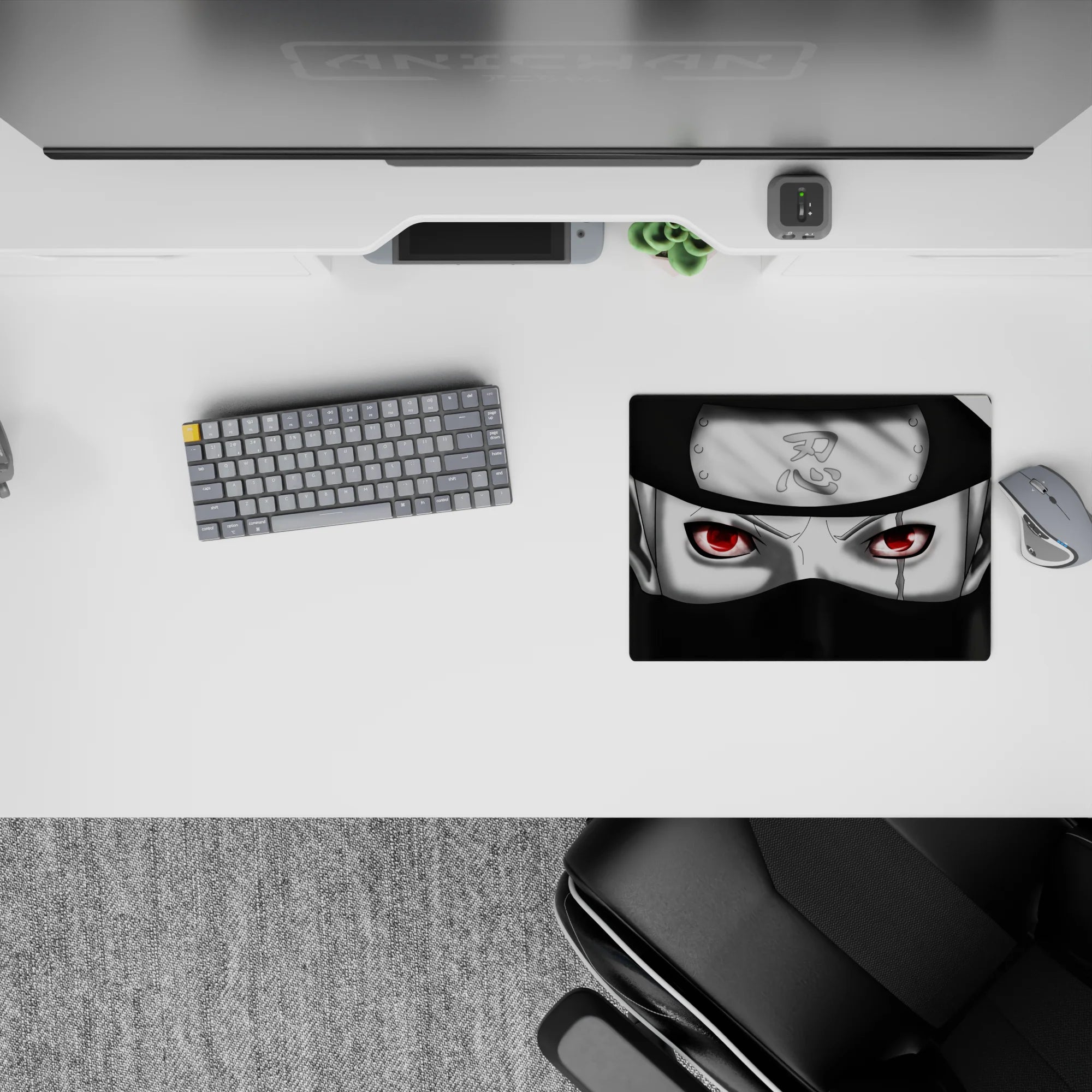 Anime mouse pad 14x10 inches in deep black and cool grey with a red Sharingan glow, calm and intense mood.