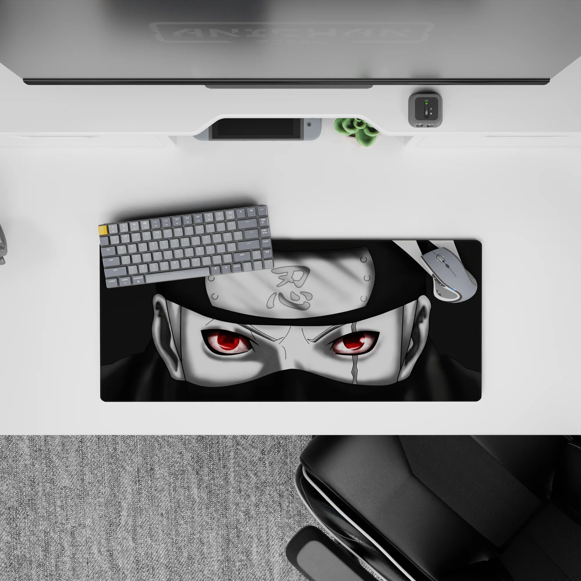 Dark anime mouse pad 28x12 inches with deep blacks, cool greys, and a red eye glow for a calm, edgy vibe.