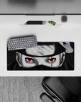 Dark anime mouse pad 28x12 inches with deep blacks, cool greys, and a red eye glow for a calm, edgy vibe.