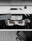 Dark black and cool grey desk pad 36x16 inches with red Sharingan glow, calm stealth vibe.