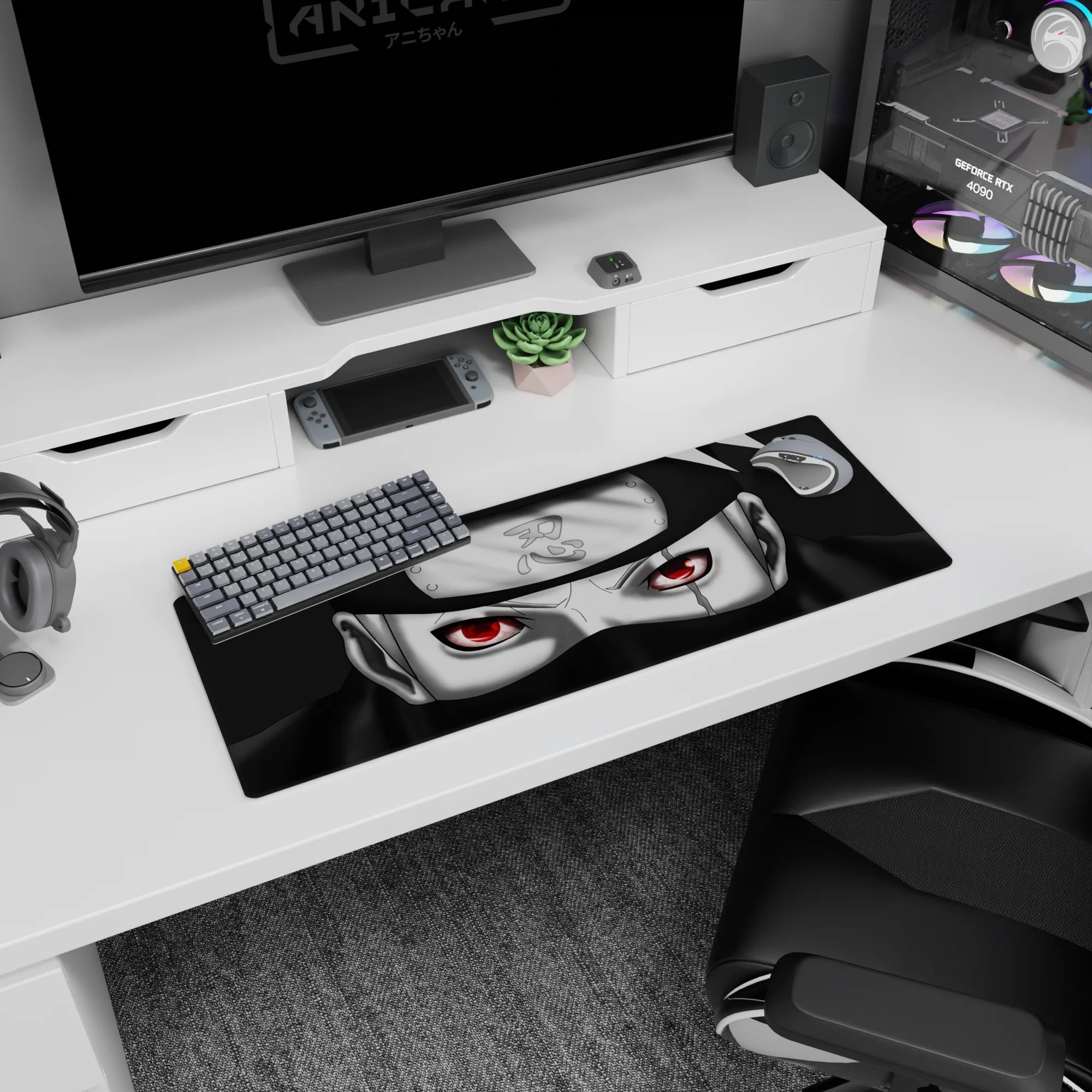 32x12 inches Naruto mouse pad with Kakashi Hatake staring ahead, Leaf headband and glowing Sharingan eye.