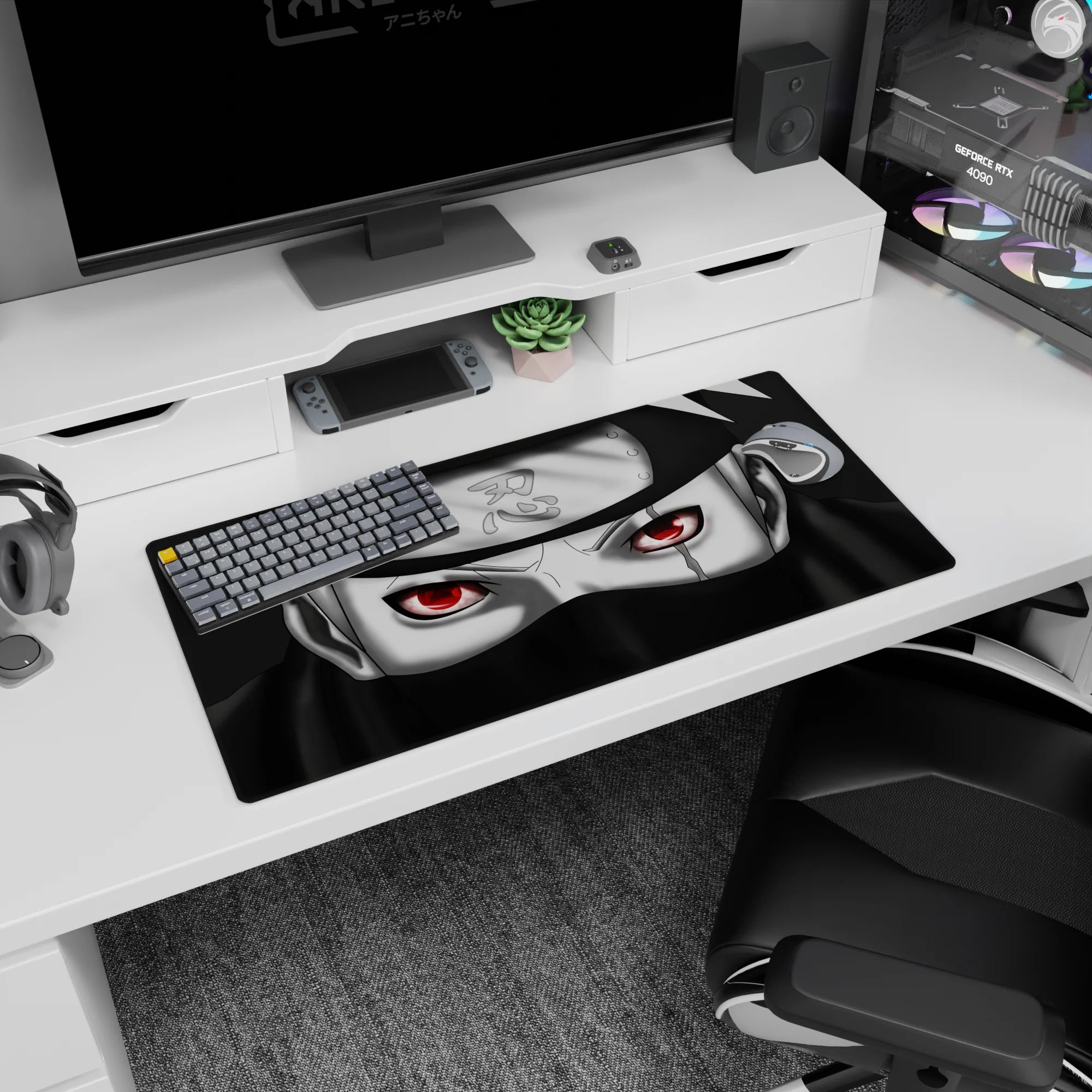 32x16 inches anime mouse pad showing Kakashi Hatake staring ahead, Sharingan eye glowing, scuffed headband.