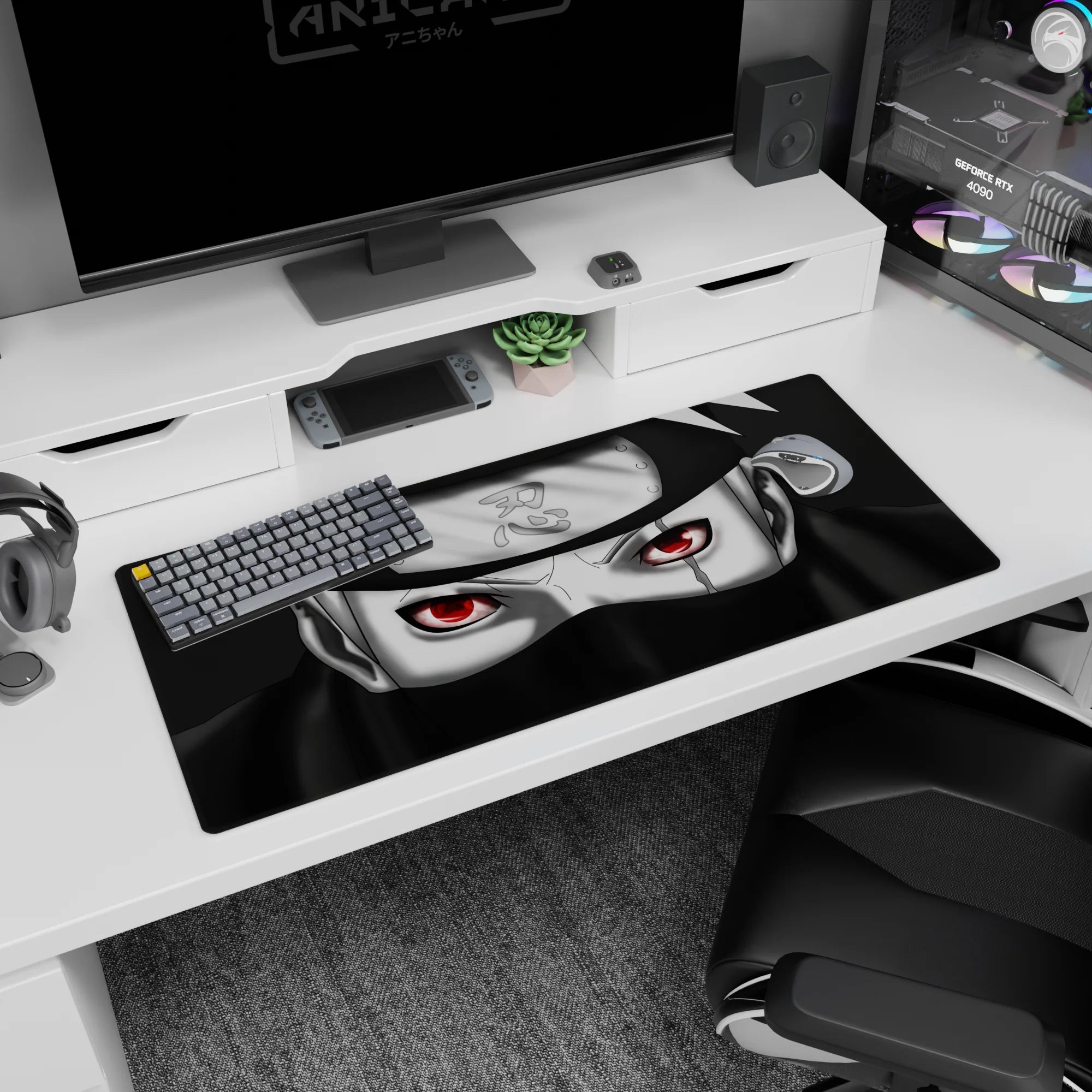 Kakashi Hatake close-up desk pad 36x16 inches, one Sharingan eye glowing and watching.
