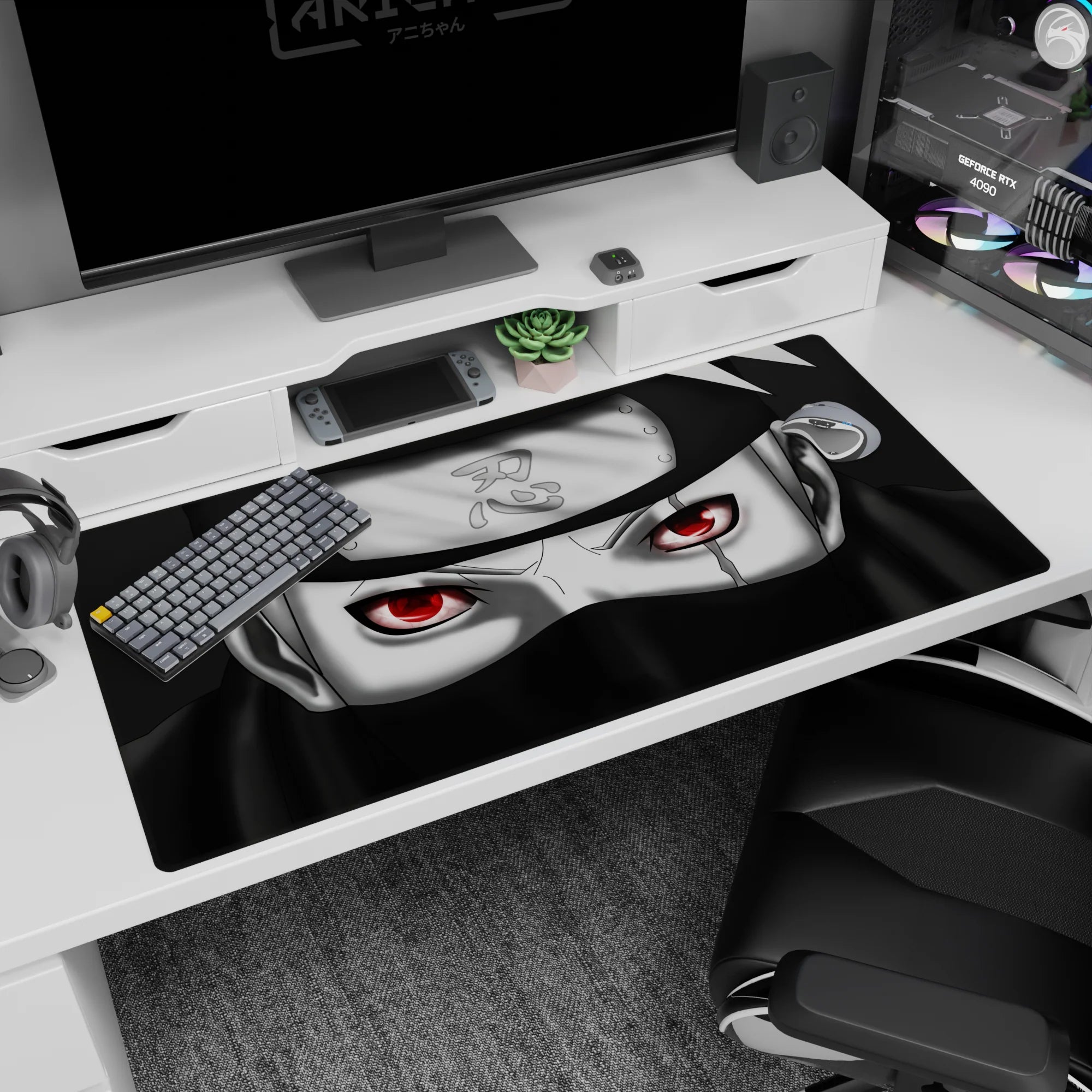 Naruto Kakashi Hatake desk pad 40x20 inches showing Sharingan glow, Leaf headband, and battle scuffs.