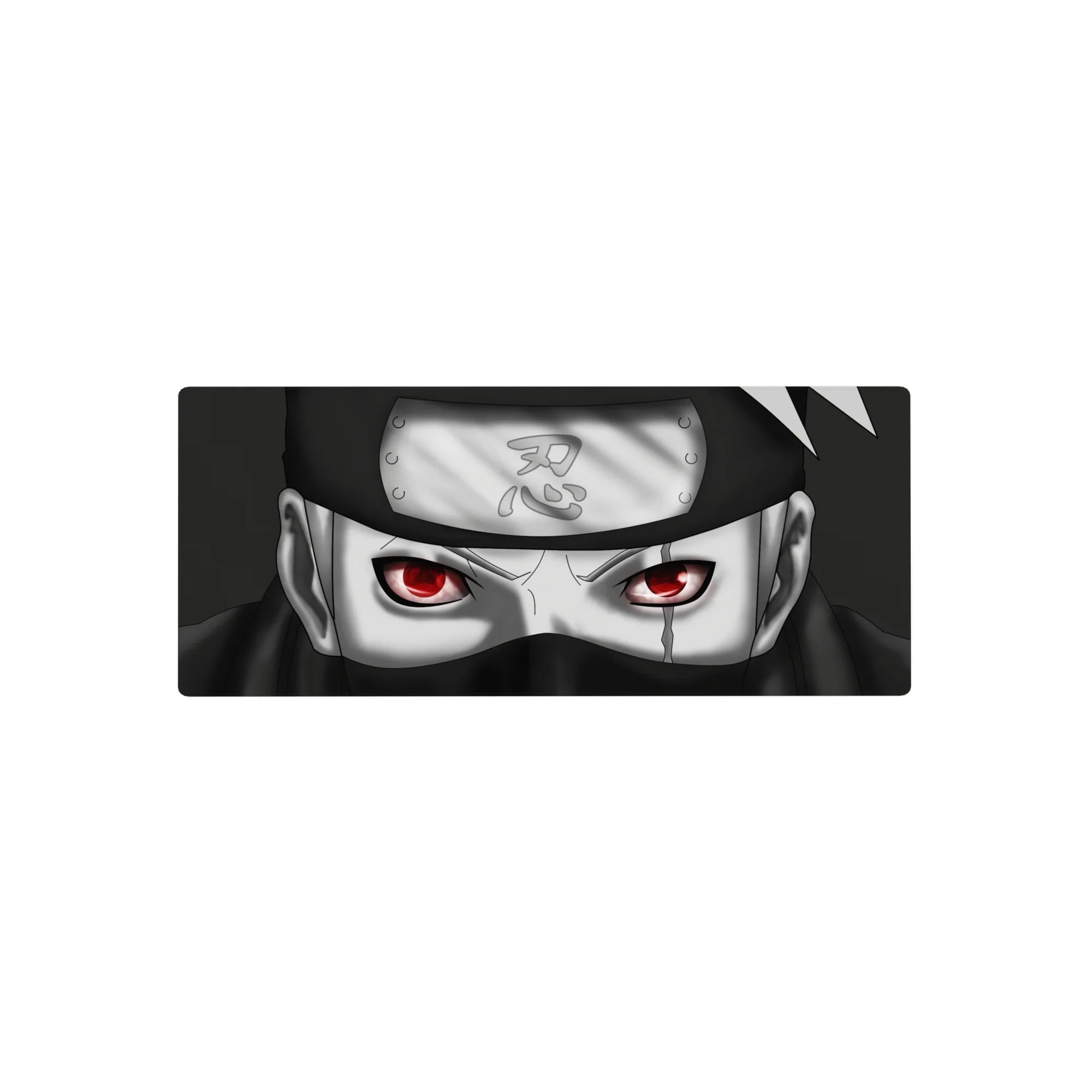 Anime mouse pad 28x12 inches featuring ninja-inspired Kakashi portrait, Leaf headband, and crisp scuff details.