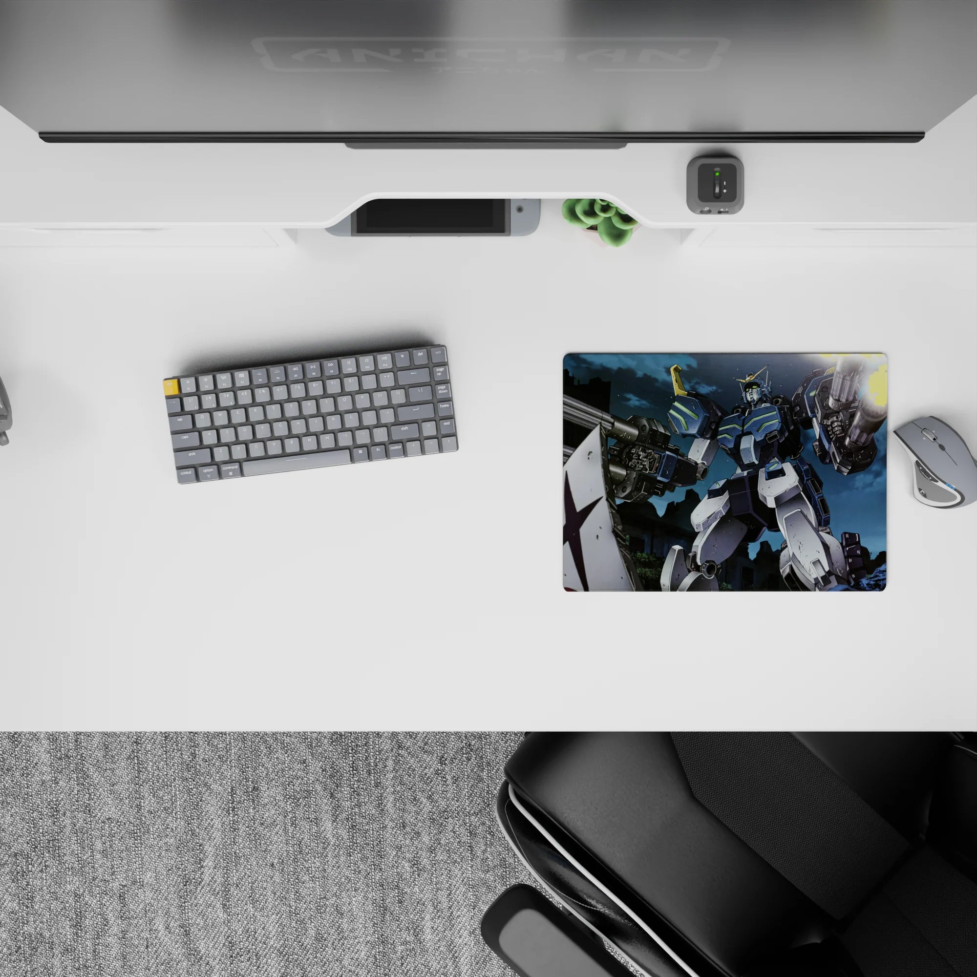 Classic anime mouse pad 14x10 inches in steel blue and white with neon-green accents and bright firelight.
