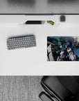 Classic anime mouse pad 14x10 inches in steel blue and white with neon-green accents and bright firelight.