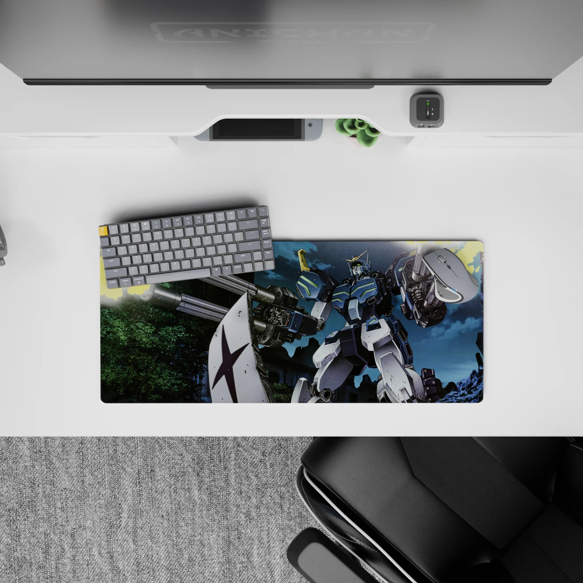28x12 inches anime mouse pad in steel blue and white with neon-green lines, bright yellow cannon fire.