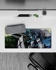28x12 inches anime mouse pad in steel blue and white with neon-green lines, bright yellow cannon fire.
