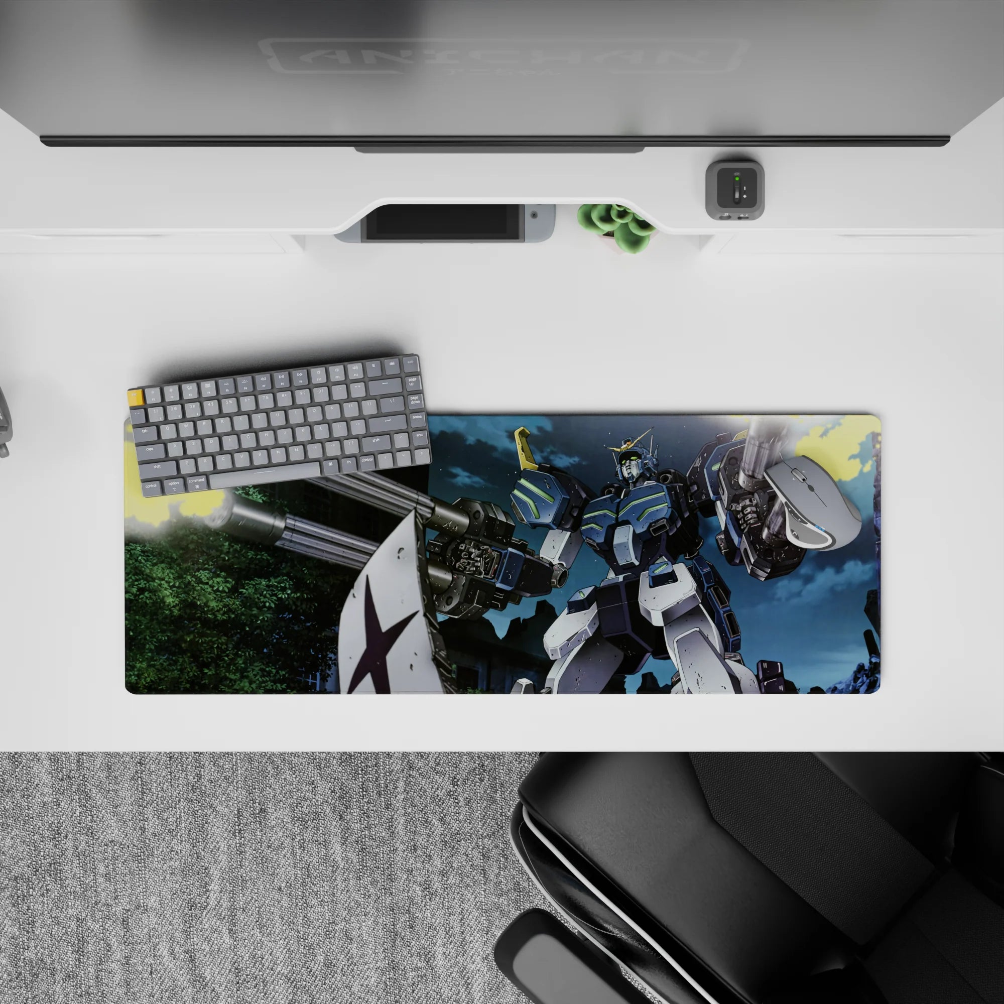 32x12 inches anime mouse pad in steel blue and white with neon-green lines and bright yellow muzzle flash.