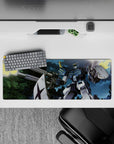 32x12 inches anime mouse pad in steel blue and white with neon-green lines and bright yellow muzzle flash.
