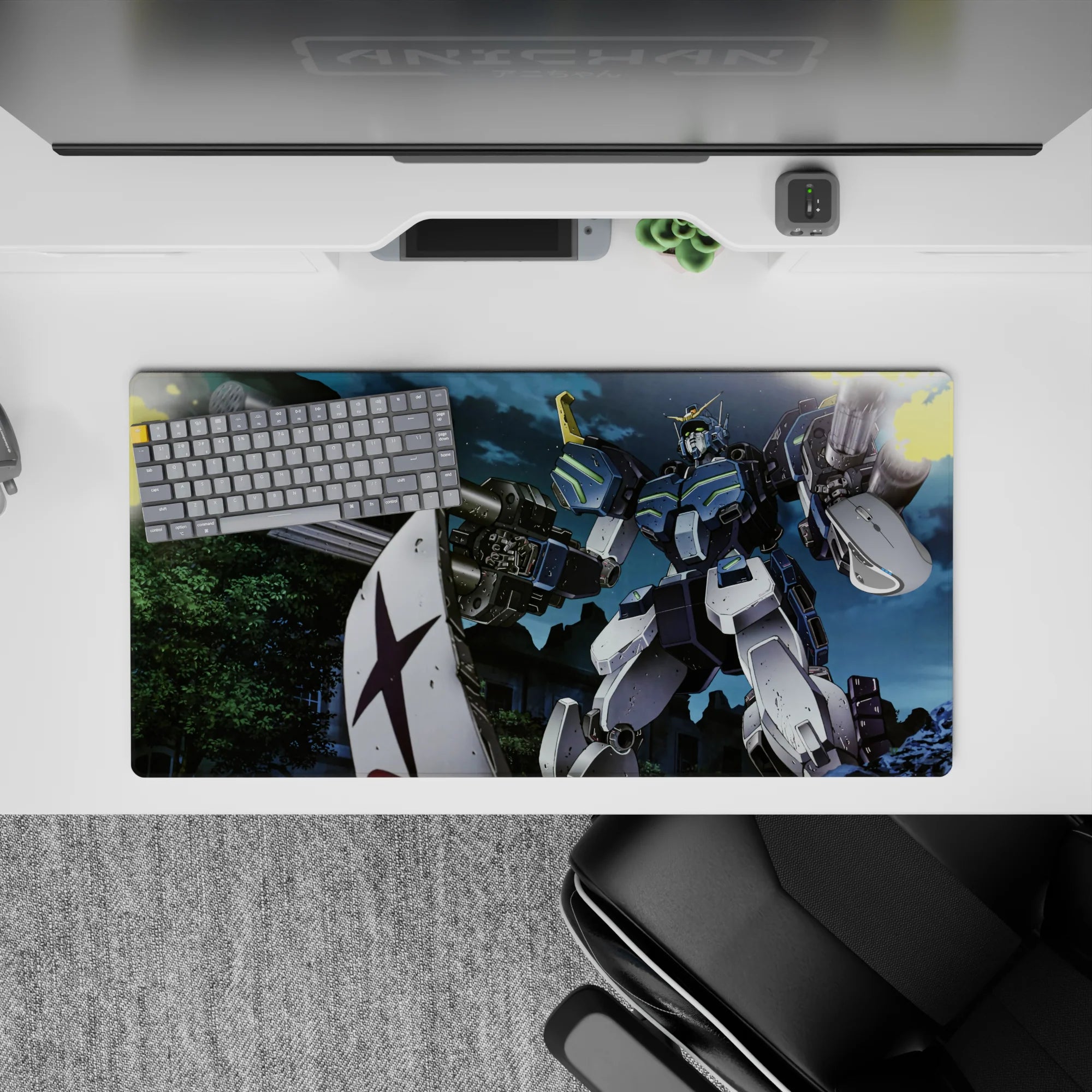 32x16 inches anime mouse pad in steel blues and clean whites with neon-green lines and bright yellow blasts.