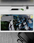 32x16 inches anime mouse pad in steel blues and clean whites with neon-green lines and bright yellow blasts.