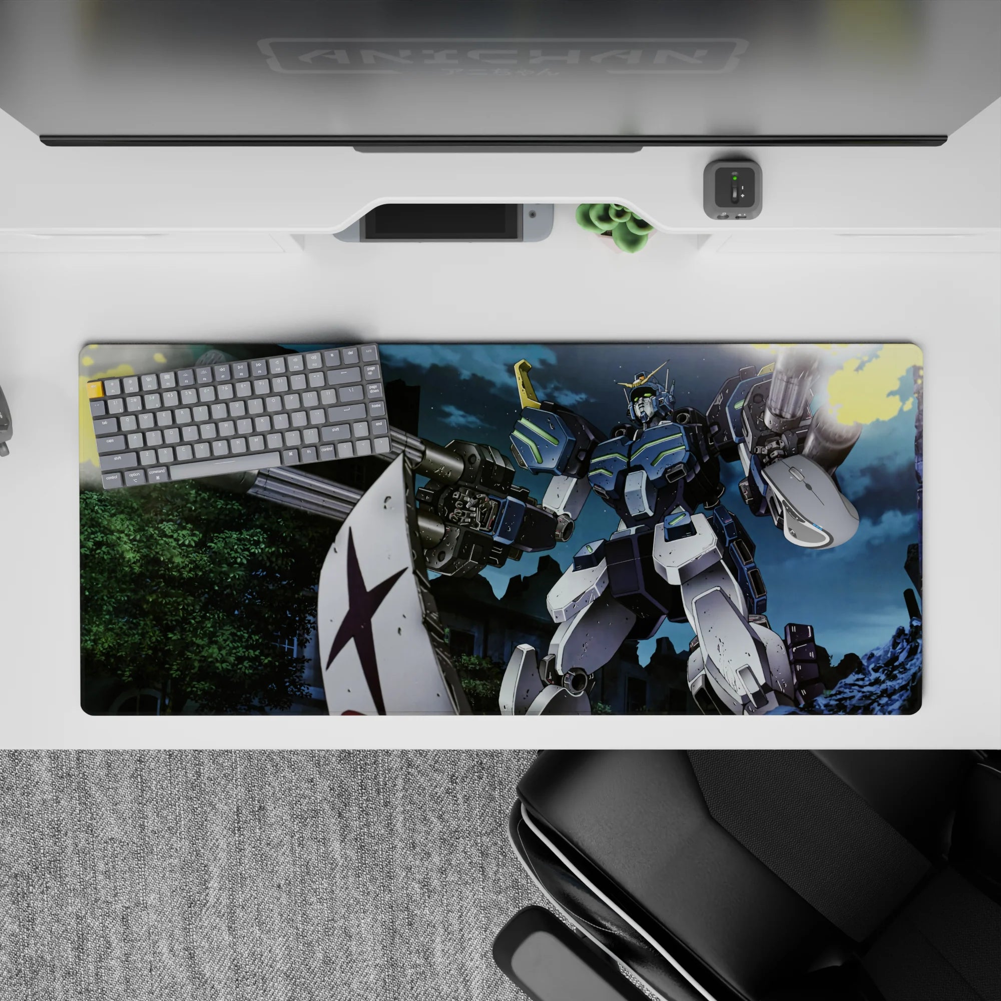 36x16 inches anime desk pad in steel blue and white with neon green lines, tense night combat energy.