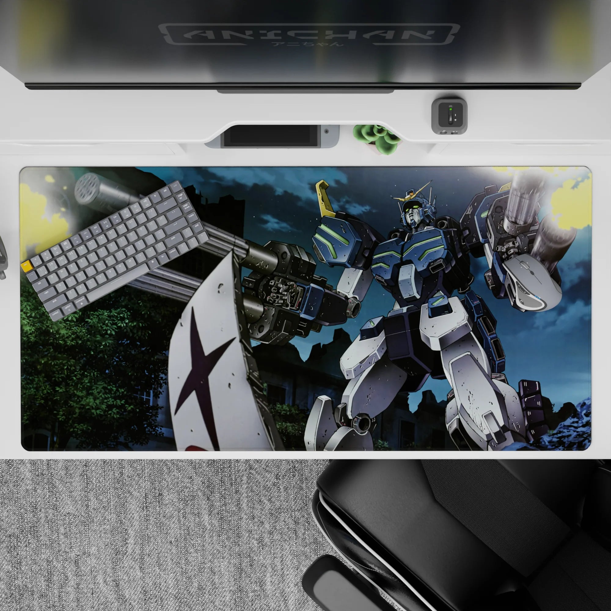 40x20 inches anime desk pad in steel blue and white with neon-green lines, bright yellow fire, intense vibe.