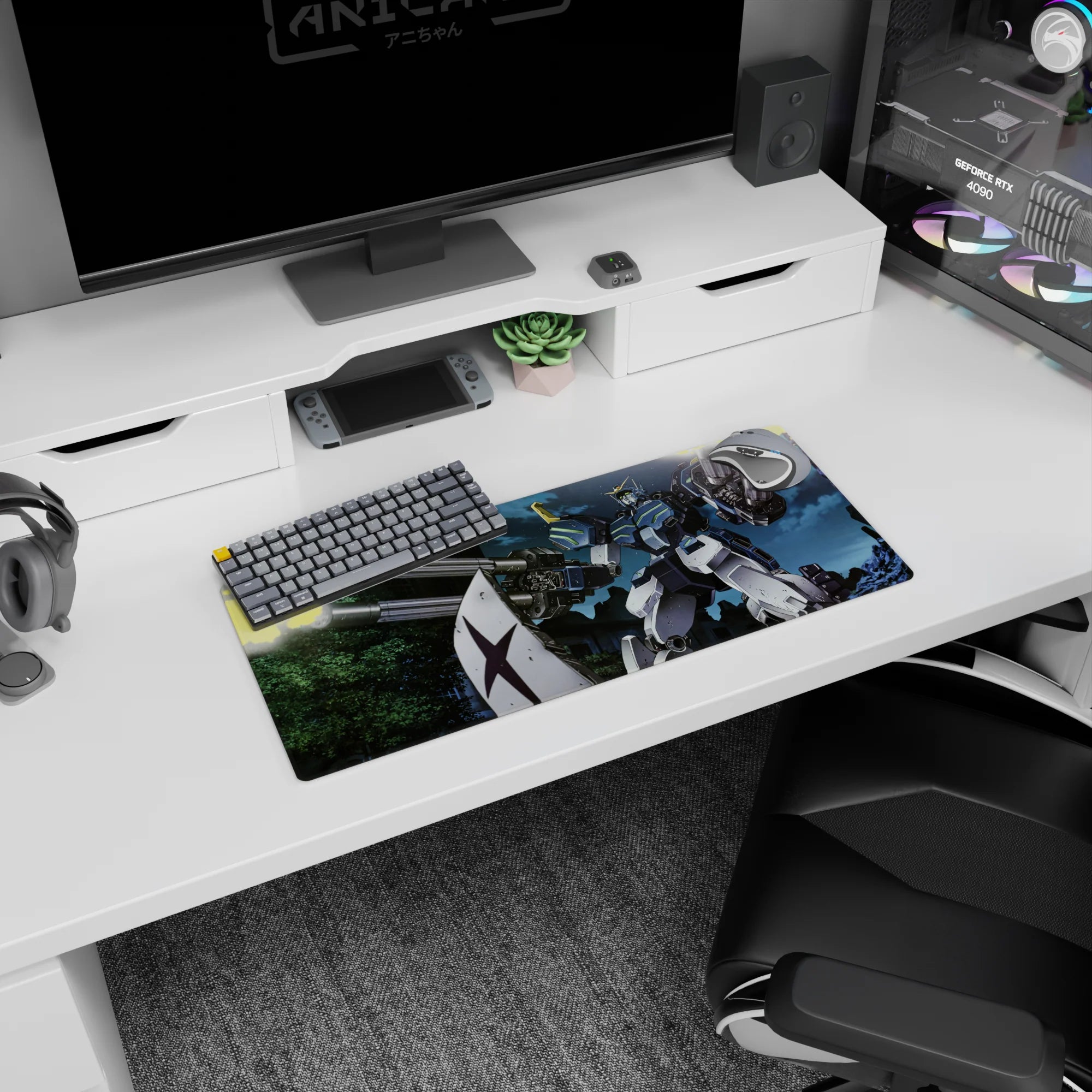 28x12 inches anime mouse pad of RX-79[G] Gundam Ground Type firing twin cannons behind a shield at night.