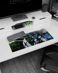 28x12 inches anime mouse pad of RX-79[G] Gundam Ground Type firing twin cannons behind a shield at night.