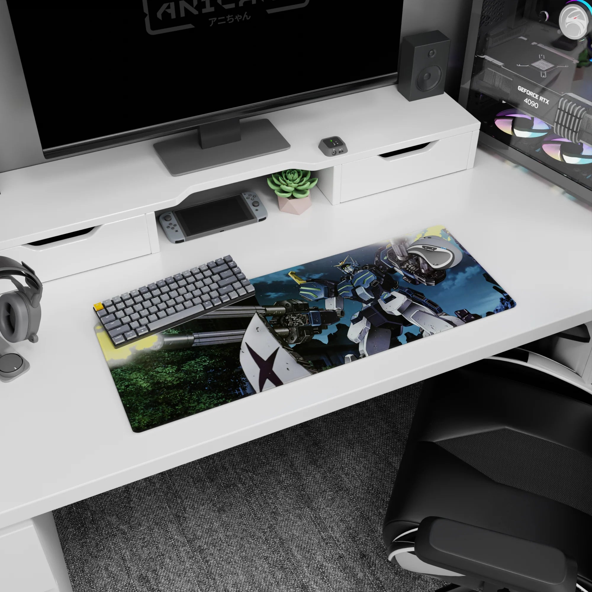 32x12 inches anime mouse pad showing Gundam Ground Type behind a shield, twin cannons firing into night sky.