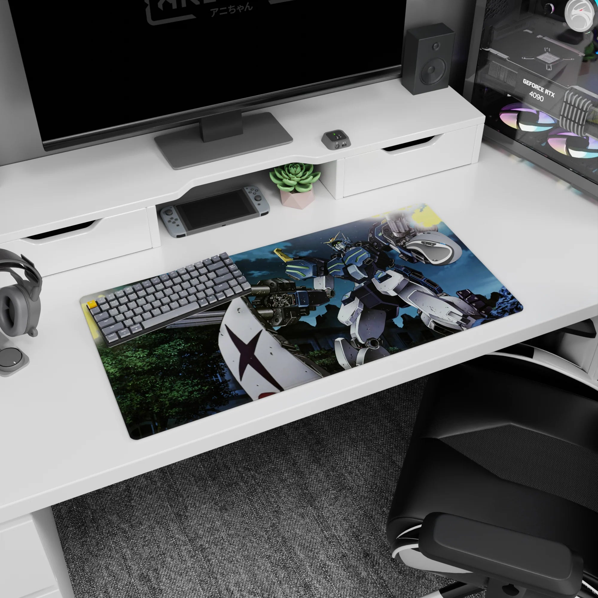 32x16 inches Gundam 08th MS Team mouse pad featuring RX-79[G] behind a shield, cannons lighting the sky.