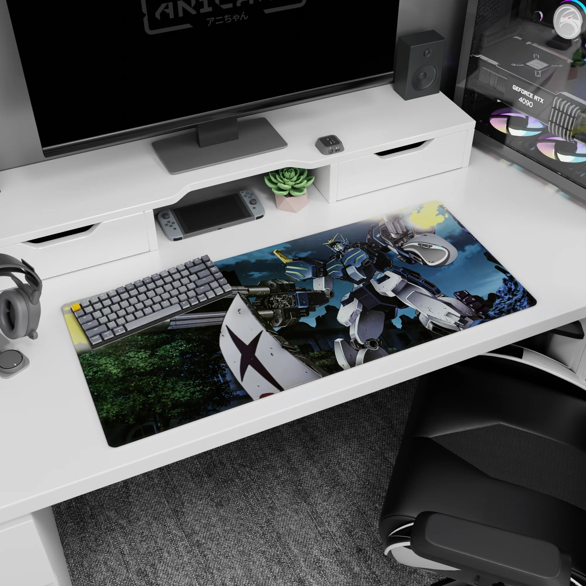 36x16 inches anime desk pad featuring RX-79[G] Gundam Ground Type behind a shield, firing twin cannons.