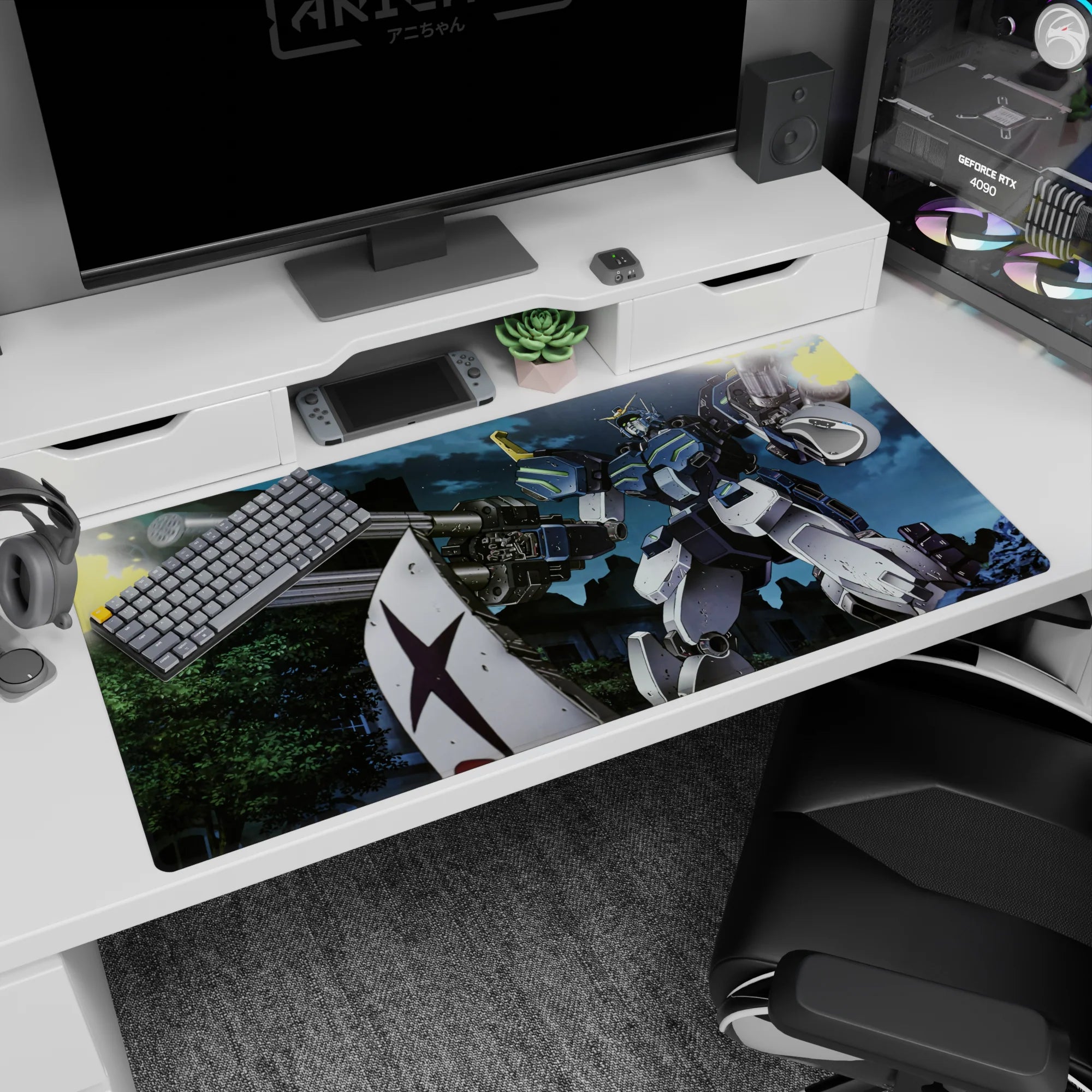40x20 inches anime desk pad featuring RX-79[G] Gundam Ground Type behind a shield firing twin cannons at night.