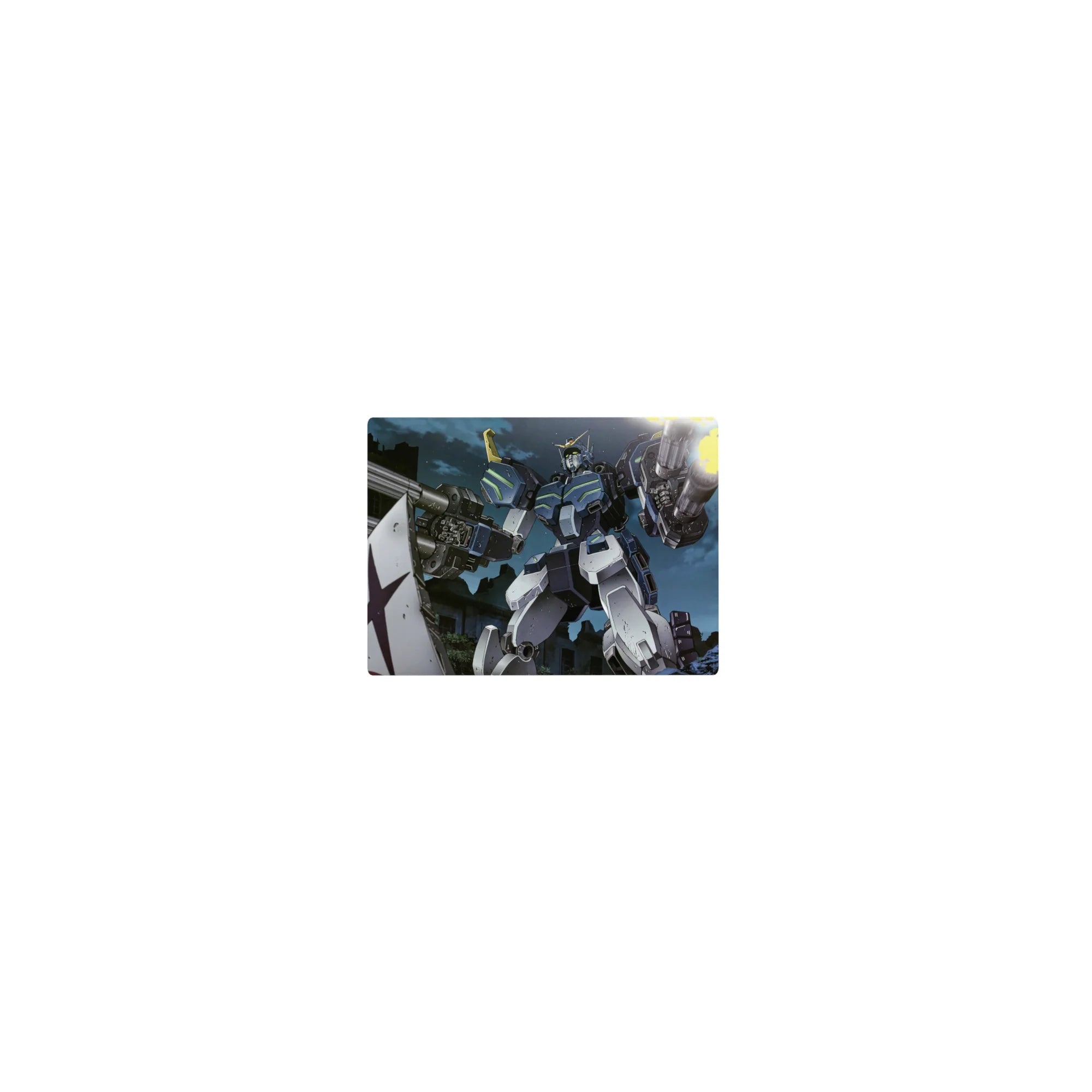 Classic anime mouse pad 14x10 inches with Gundam-style mecha battle in a ruined city at night.
