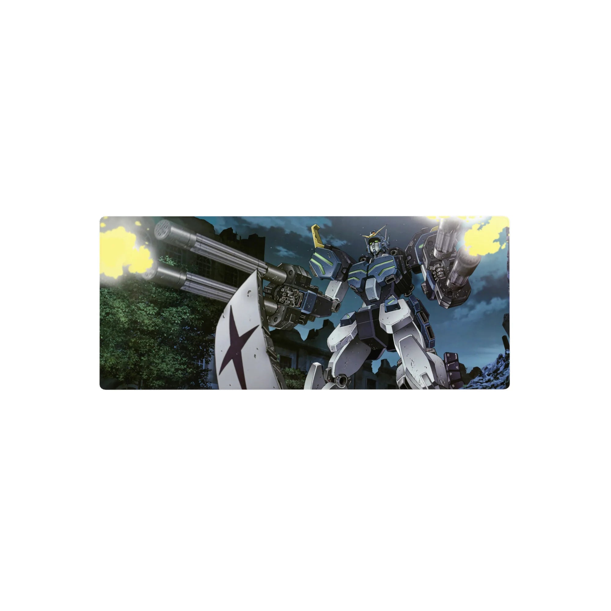 28x12 inches anime mouse pad featuring Gundam Ground Type in a ruined city night battle with twin cannons.