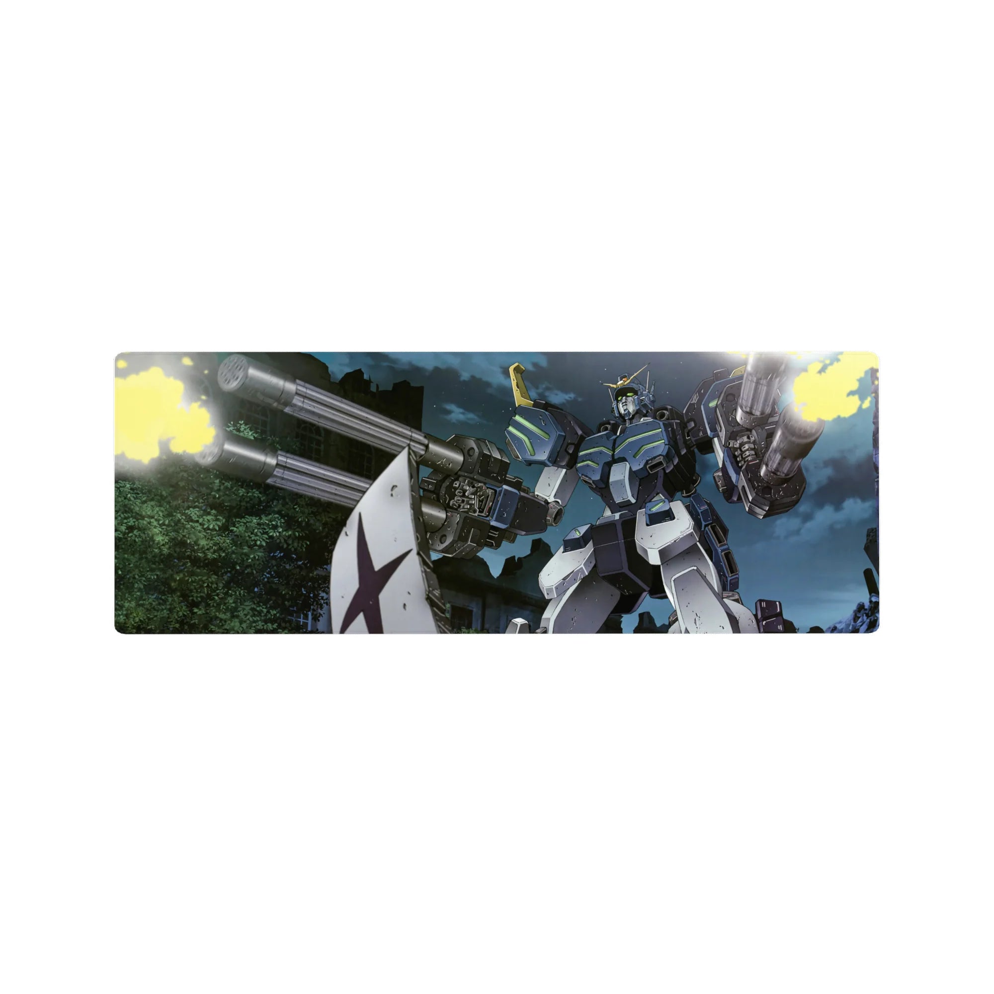 32x12 inches anime mouse pad with RX-79[G] Gundam Ground Type battle in a ruined city at night.