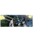 32x12 inches anime mouse pad with RX-79[G] Gundam Ground Type battle in a ruined city at night.