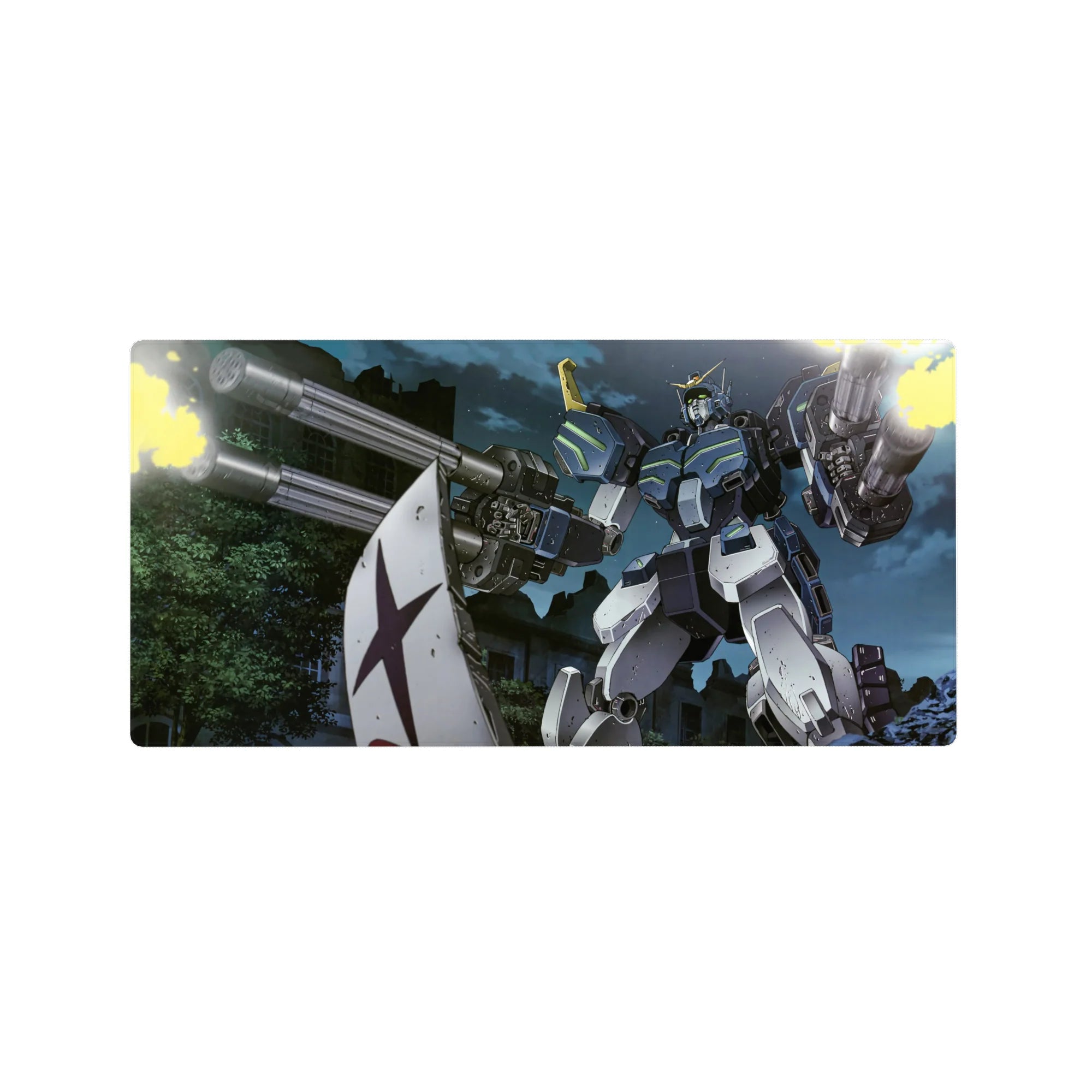 32x16 inches anime mouse pad with Gundam Ground Type in a ruined city night battle, twin cannons firing.