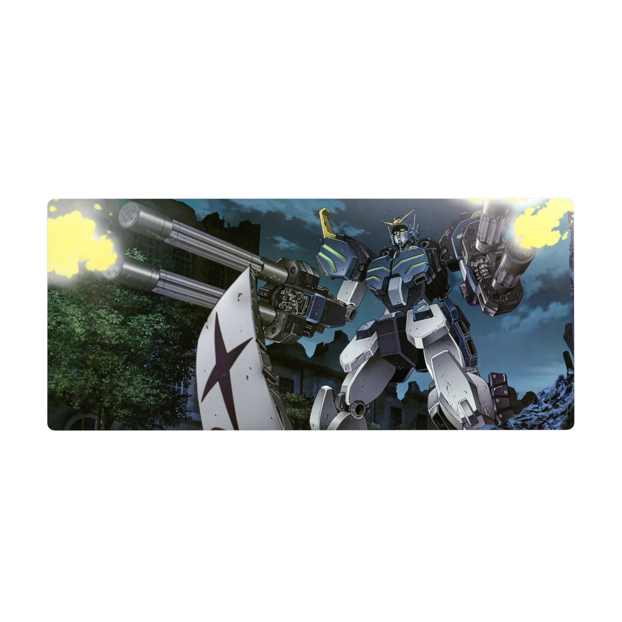 36x16 inches anime desk pad with Gundam Ground Type in a ruined city night battle, neon accents and cannon fire.