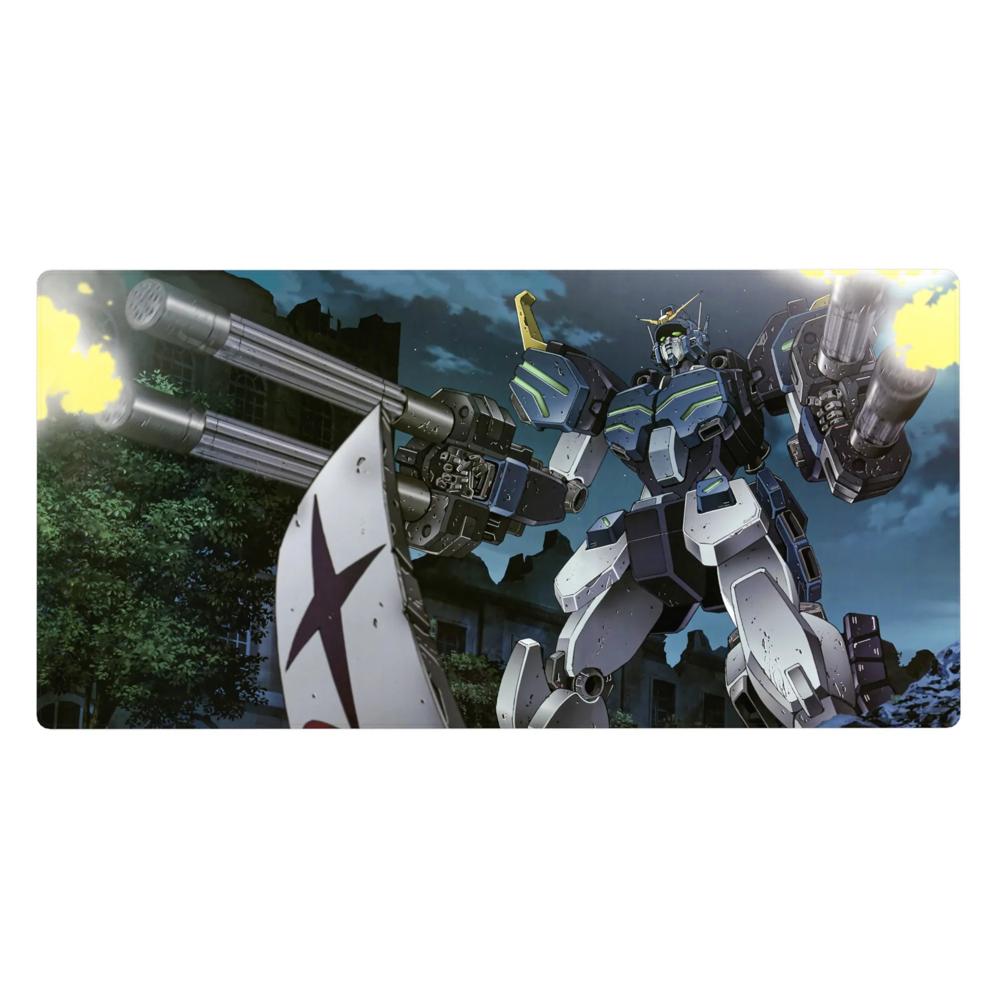 40x20 inches anime desk pad with Gundam Ground Type in a ruined city night battle, neon accents and cannons.