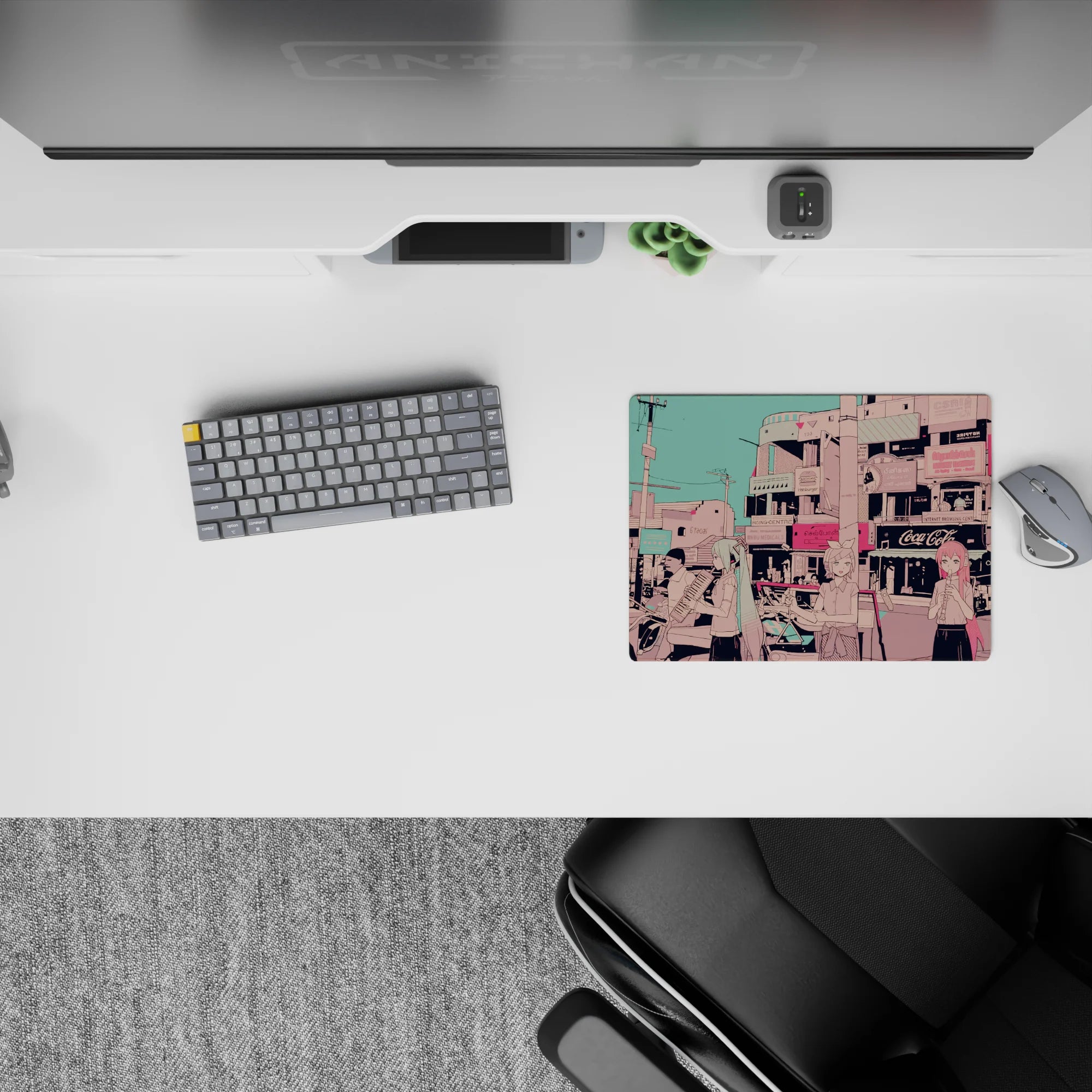 Pastel, dreamy 14x10 inches anime mouse pad with teal sky and cozy city clutter vibes.