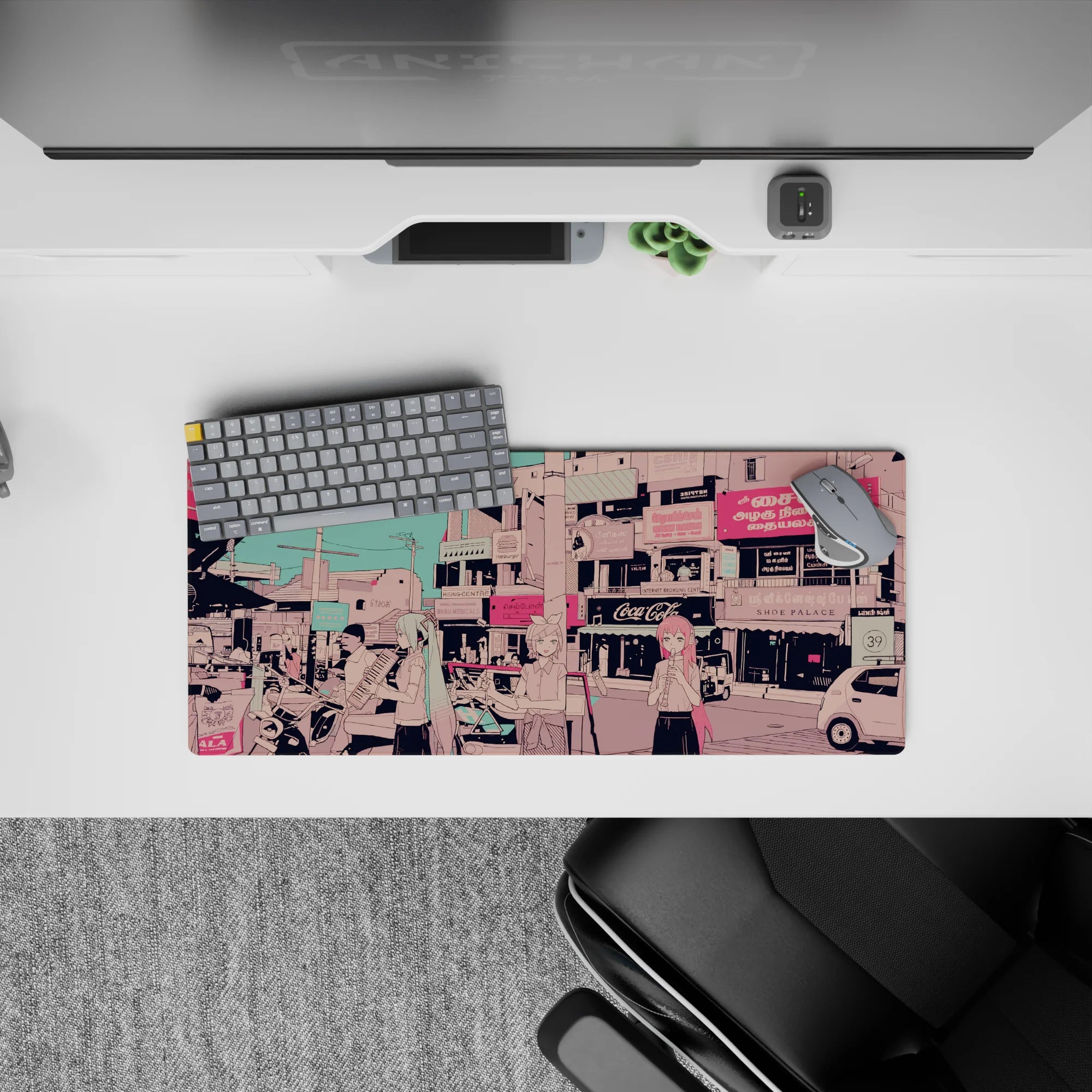 28x12 inches anime mouse pad in candy-pink and teal tones, dreamy vibe with crisp line art.