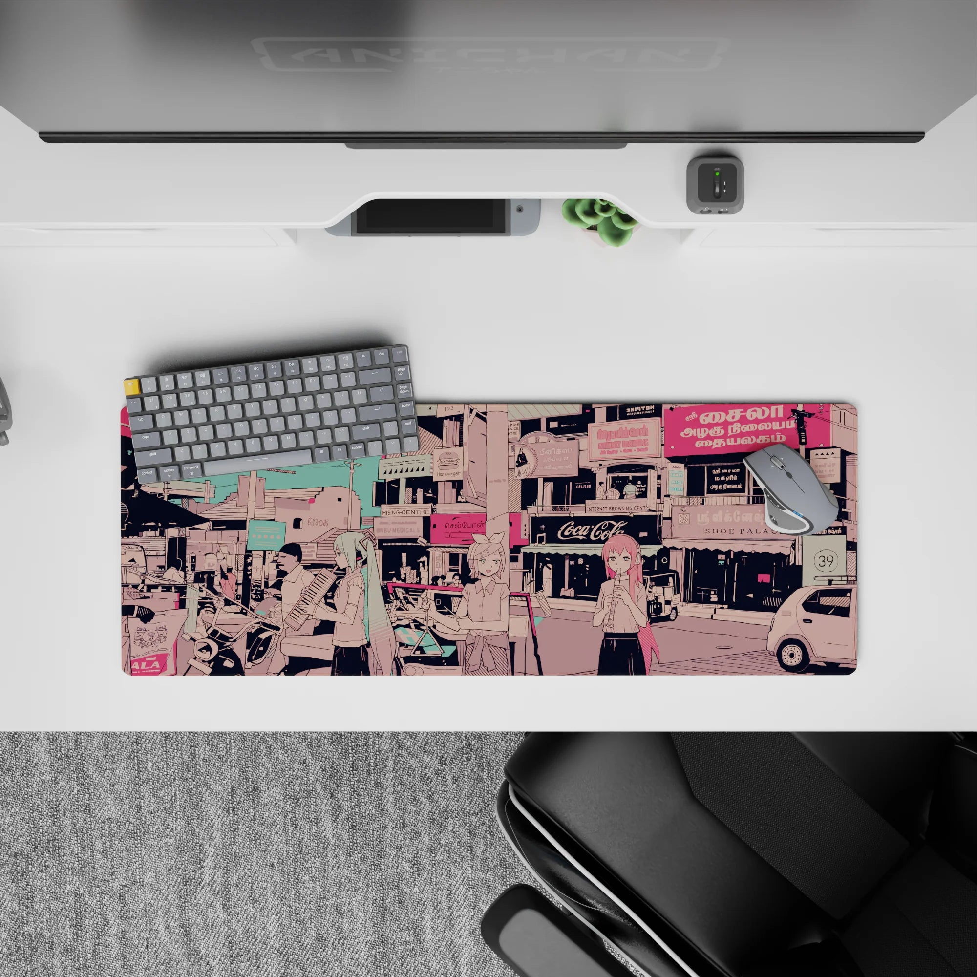 32x12 inches pastel anime desk mat in teal sky and candy-pink tones, dreamy and cozy city vibe.