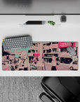 32x12 inches pastel anime desk mat in teal sky and candy-pink tones, dreamy and cozy city vibe.