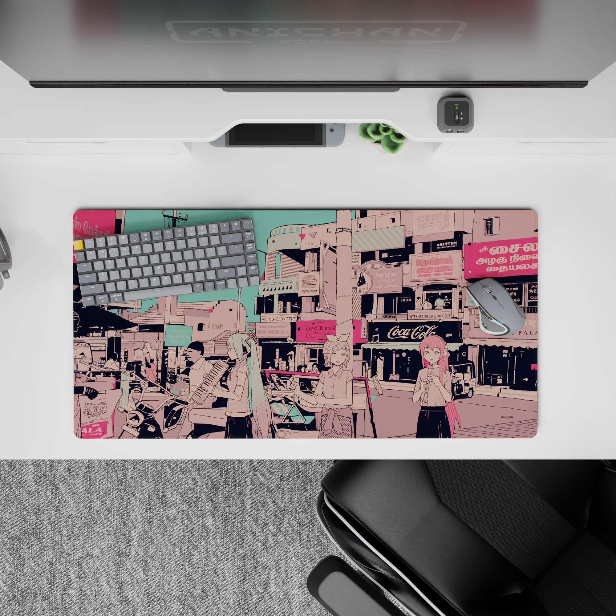 Dreamy teal-sky anime desk mat 32x16 inches in candy-pink pastels, cozy city clutter vibe.