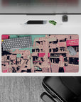 Dreamy teal-sky anime desk mat 32x16 inches in candy-pink pastels, cozy city clutter vibe.