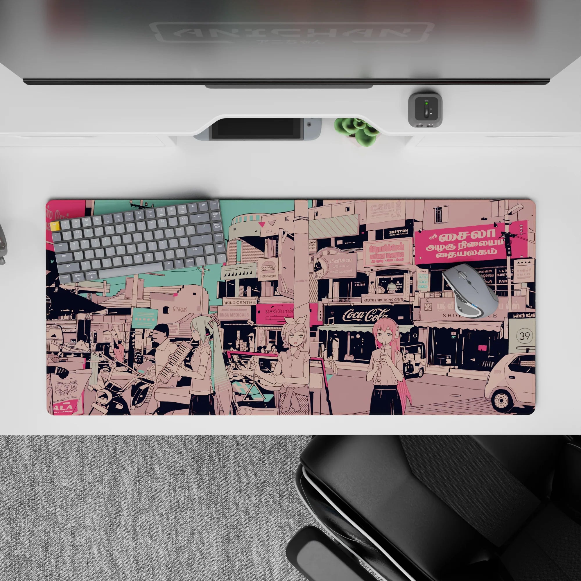 36x16 inches anime desk pad in candy-pink and teal tones, dreamy vibe with crisp line art.