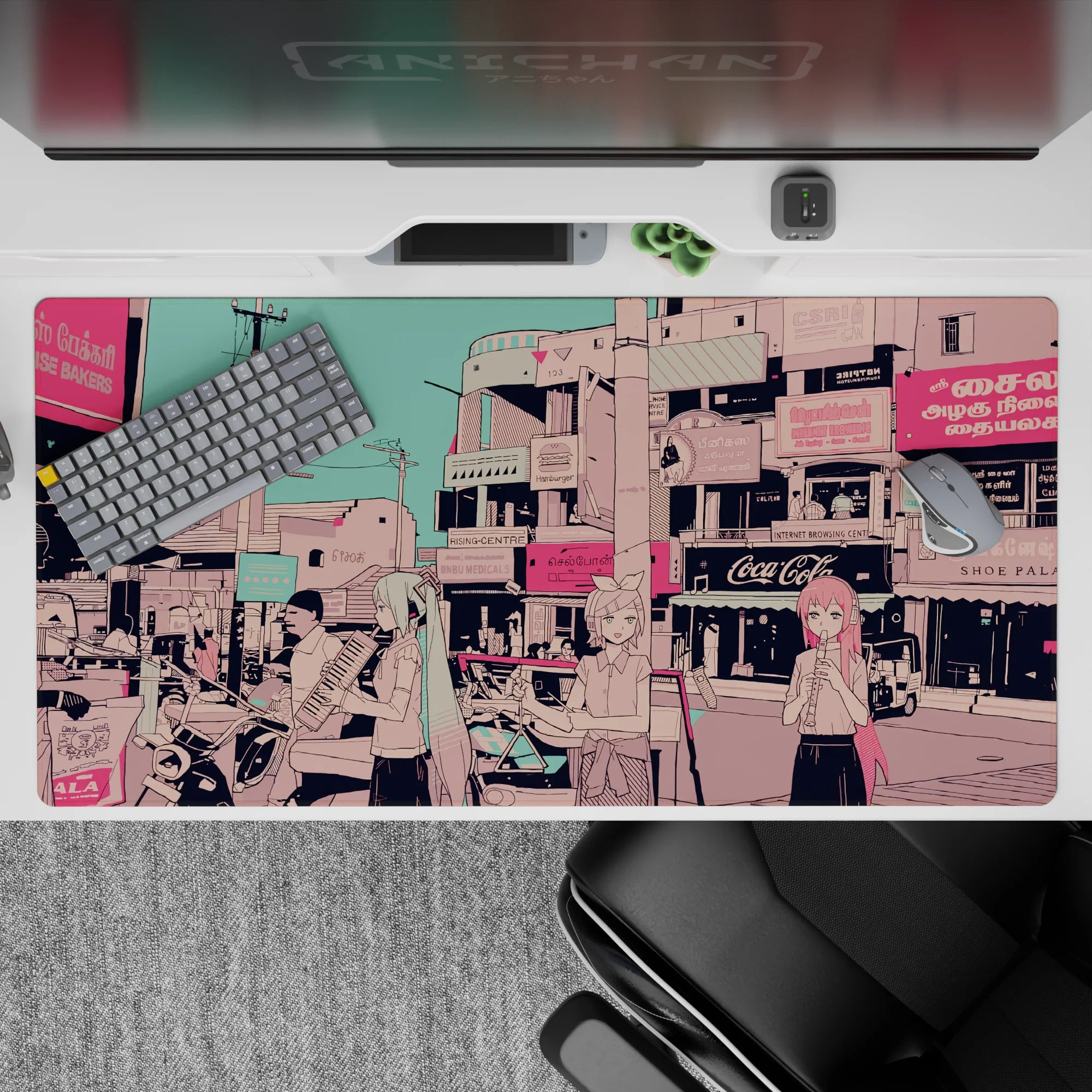 40x20 inches anime desk pad in candy-pink and teal tones, soft dreamy street-scene vibe for gaming setups.