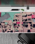 40x20 inches anime desk pad in candy-pink and teal tones, soft dreamy street-scene vibe for gaming setups.
