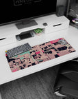 32x12 inches anime mouse pad showing three pastel-haired girls busking in a cluttered city street.