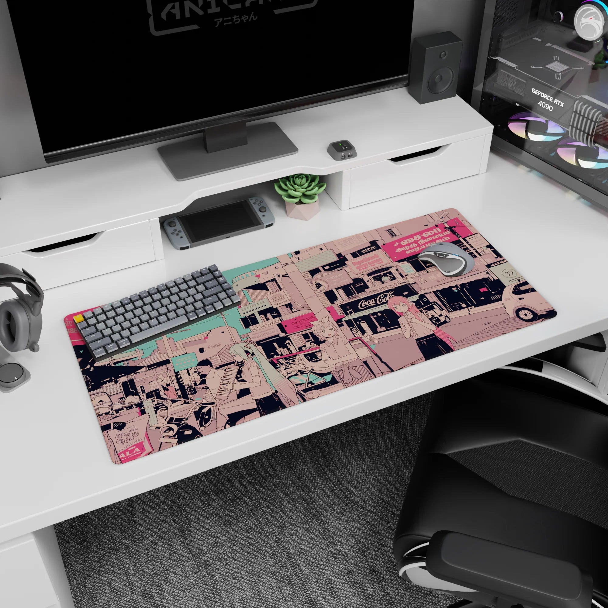 36x16 inches anime desk pad showing three pastel-haired girls playing music under pink shop signs.