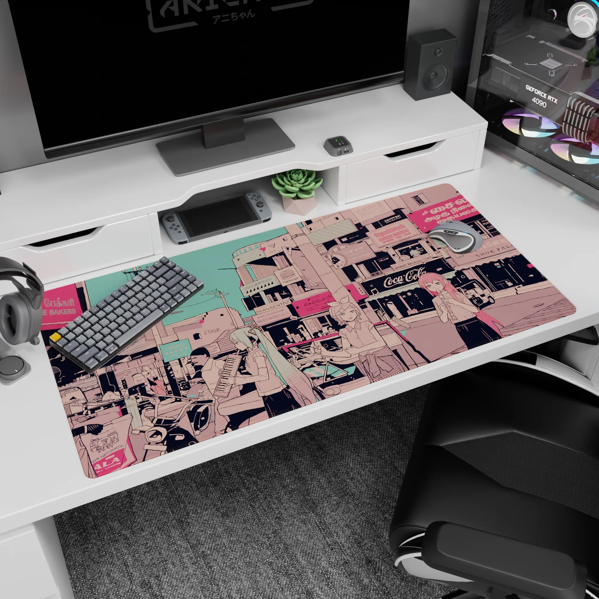 40x20 inches anime desk pad showing three pastel-haired girls busking under pink shop signs beneath a teal sky.